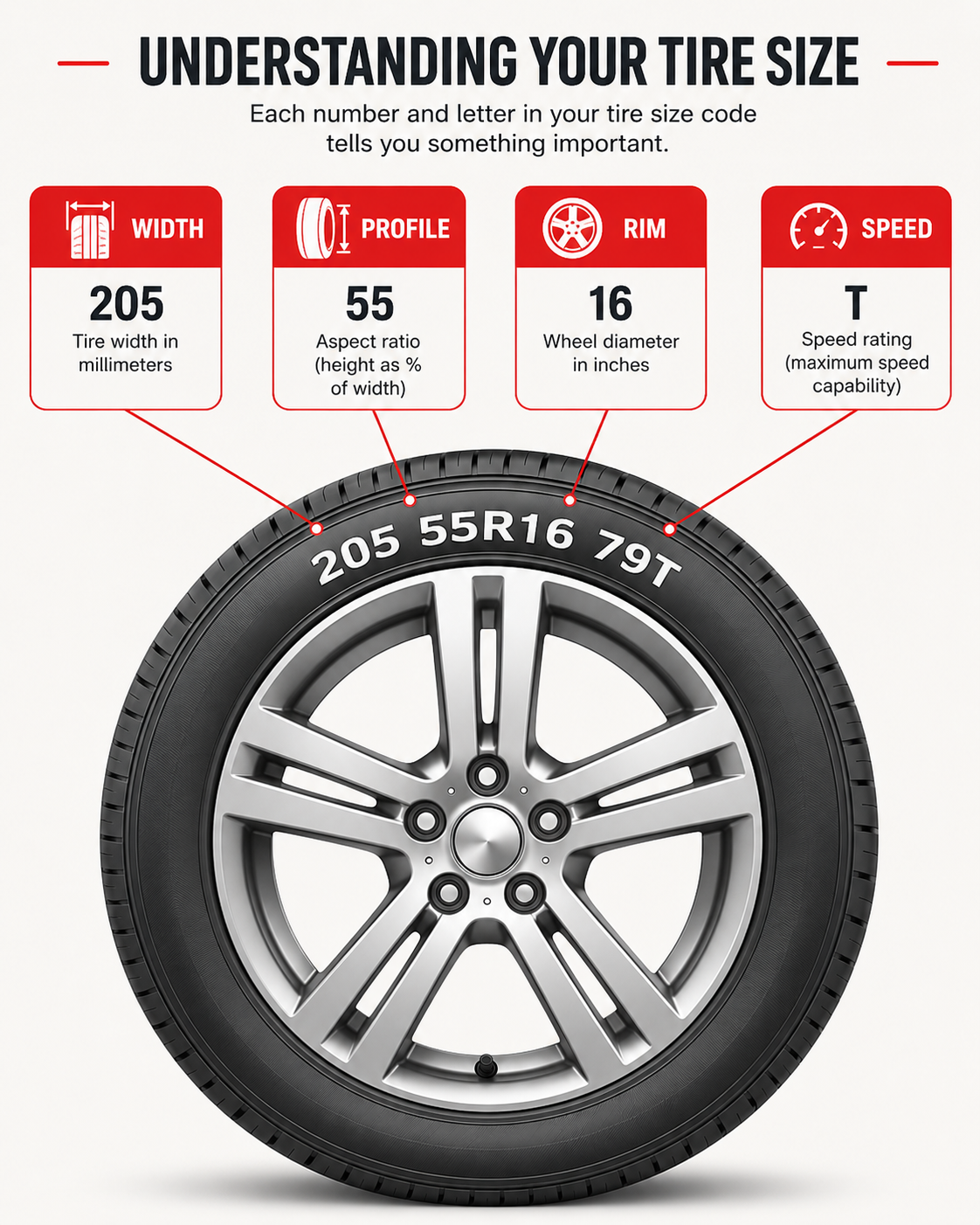 Infographic explaining tyre size numbers: width, profile, rim size and speed rating
